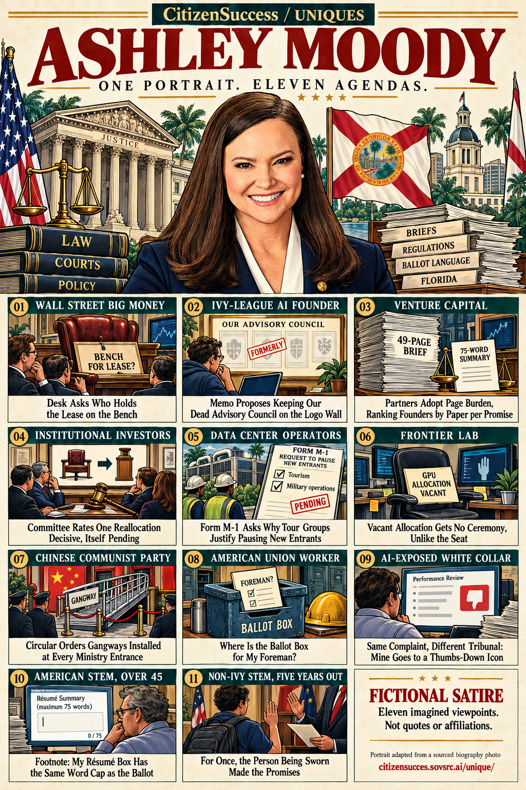 Satirical illustrated portrait of Ashley Moody with eleven numbered institutional and worker perspectives. The complete perspectives are provided as text below.