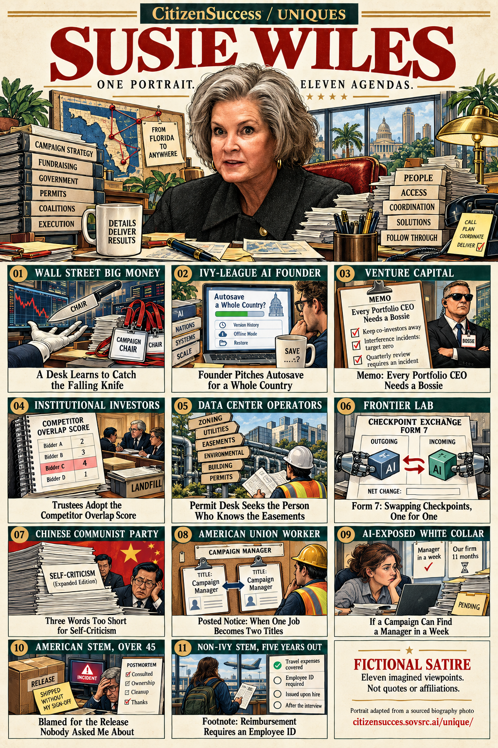 Satirical illustrated portrait of Susie Wiles with eleven numbered institutional and worker perspectives. The complete perspectives are provided as text below.