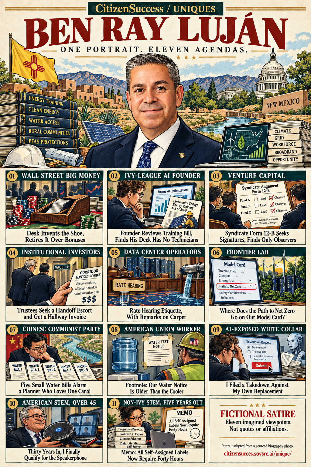 Satirical illustrated portrait of Ben Ray Luján with eleven numbered institutional and worker perspectives. The complete perspectives are provided as text below.