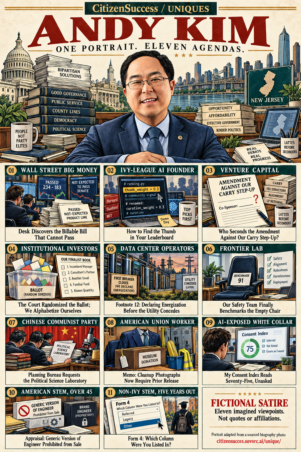 Satirical illustrated portrait of Andy Kim with eleven numbered institutional and worker perspectives. The complete perspectives are provided as text below.