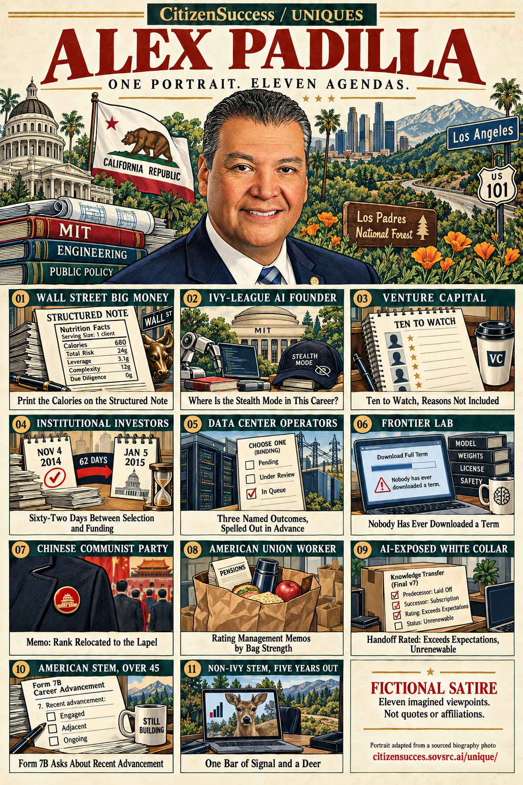 Satirical illustrated portrait of Alex Padilla with eleven numbered institutional and worker perspectives. The complete perspectives are provided as text below.