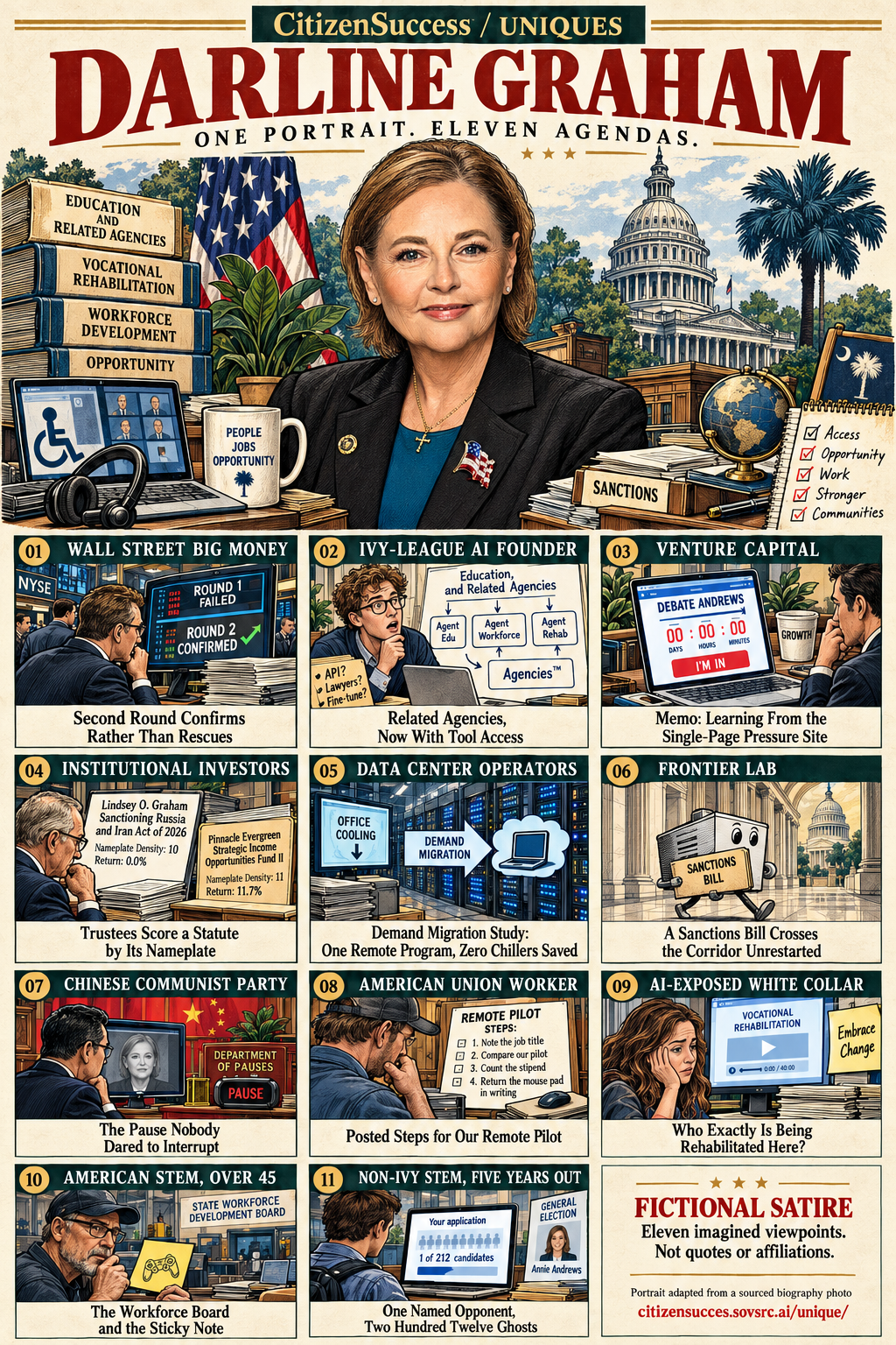 Satirical illustrated portrait of Darline Graham with eleven numbered institutional and worker perspectives. The complete perspectives are provided as text below.