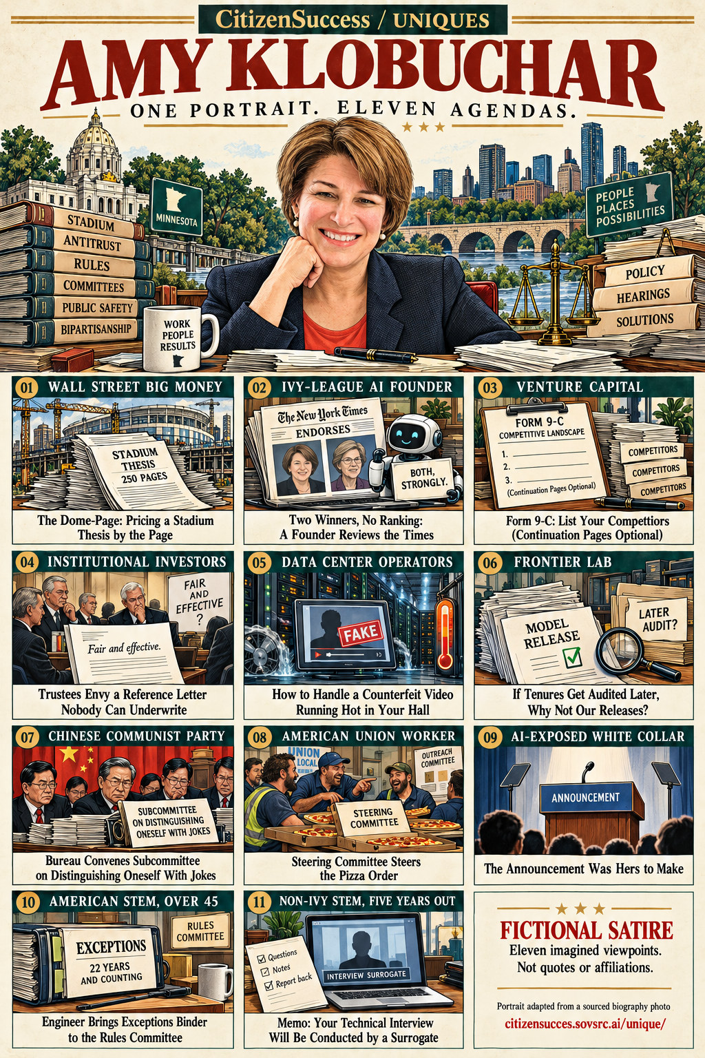 Satirical illustrated portrait of Amy Klobuchar with eleven numbered institutional and worker perspectives. The complete perspectives are provided as text below.