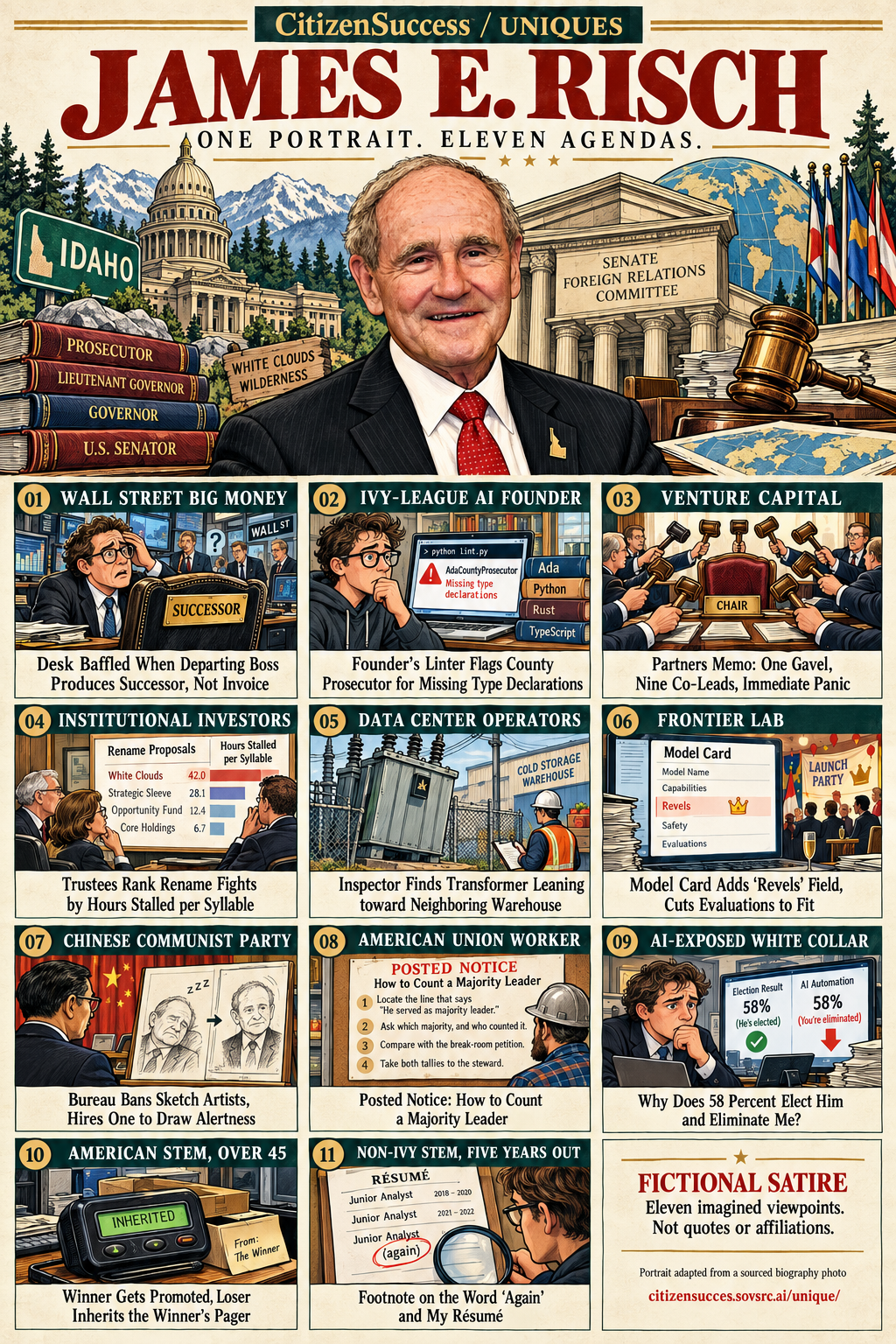 Satirical illustrated portrait of James E. Risch with eleven numbered institutional and worker perspectives. The complete perspectives are provided as text below.