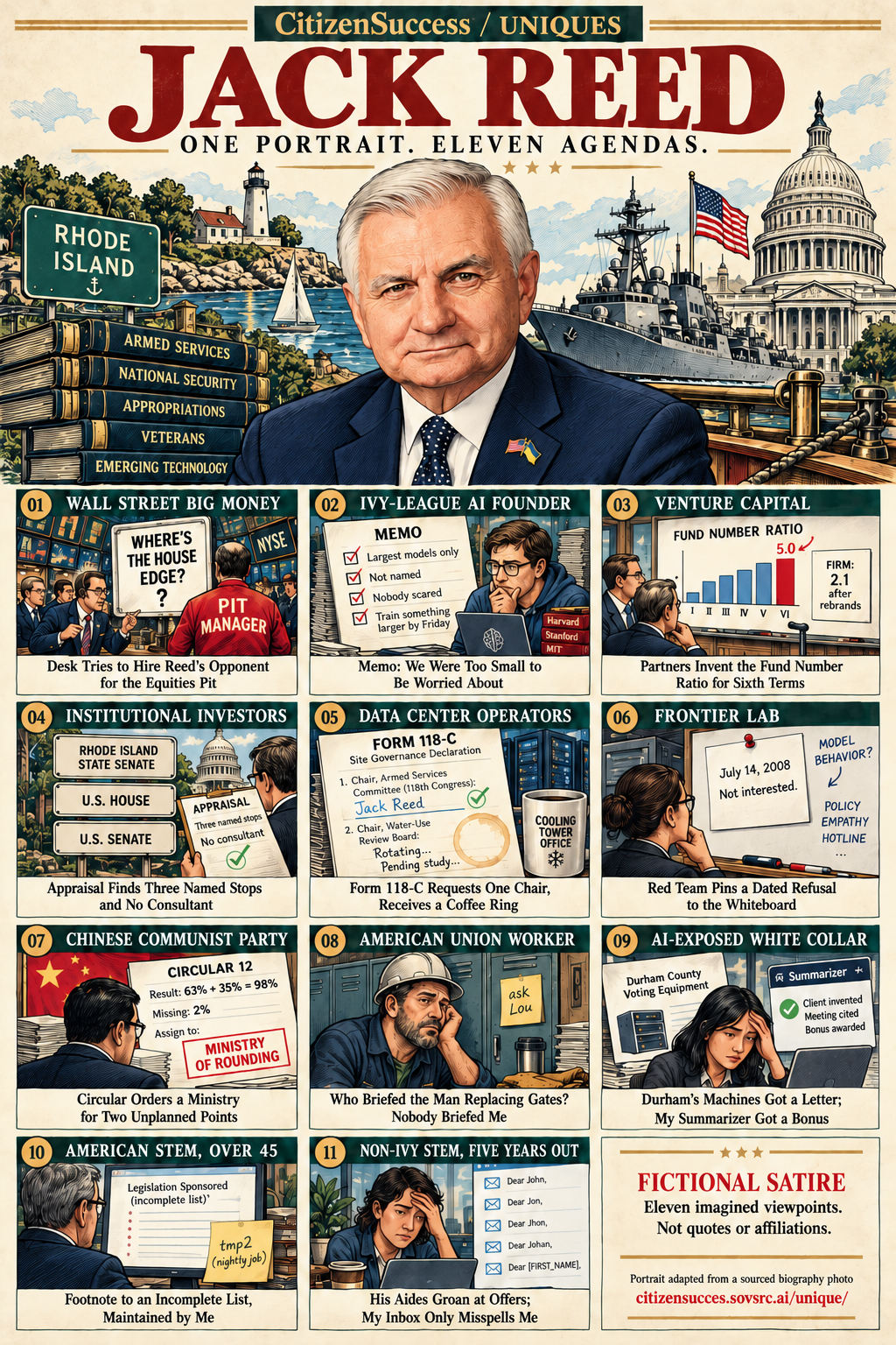 Satirical illustrated portrait of Jack Reed with eleven numbered institutional and worker perspectives. The complete perspectives are provided as text below.