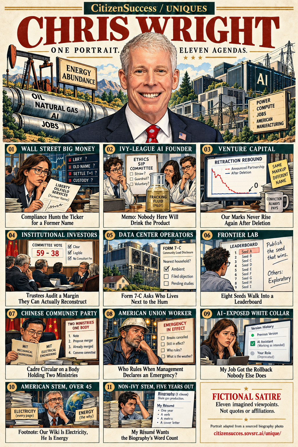 Satirical illustrated portrait of Chris Wright with eleven numbered institutional and worker perspectives. The complete perspectives are provided as text below.