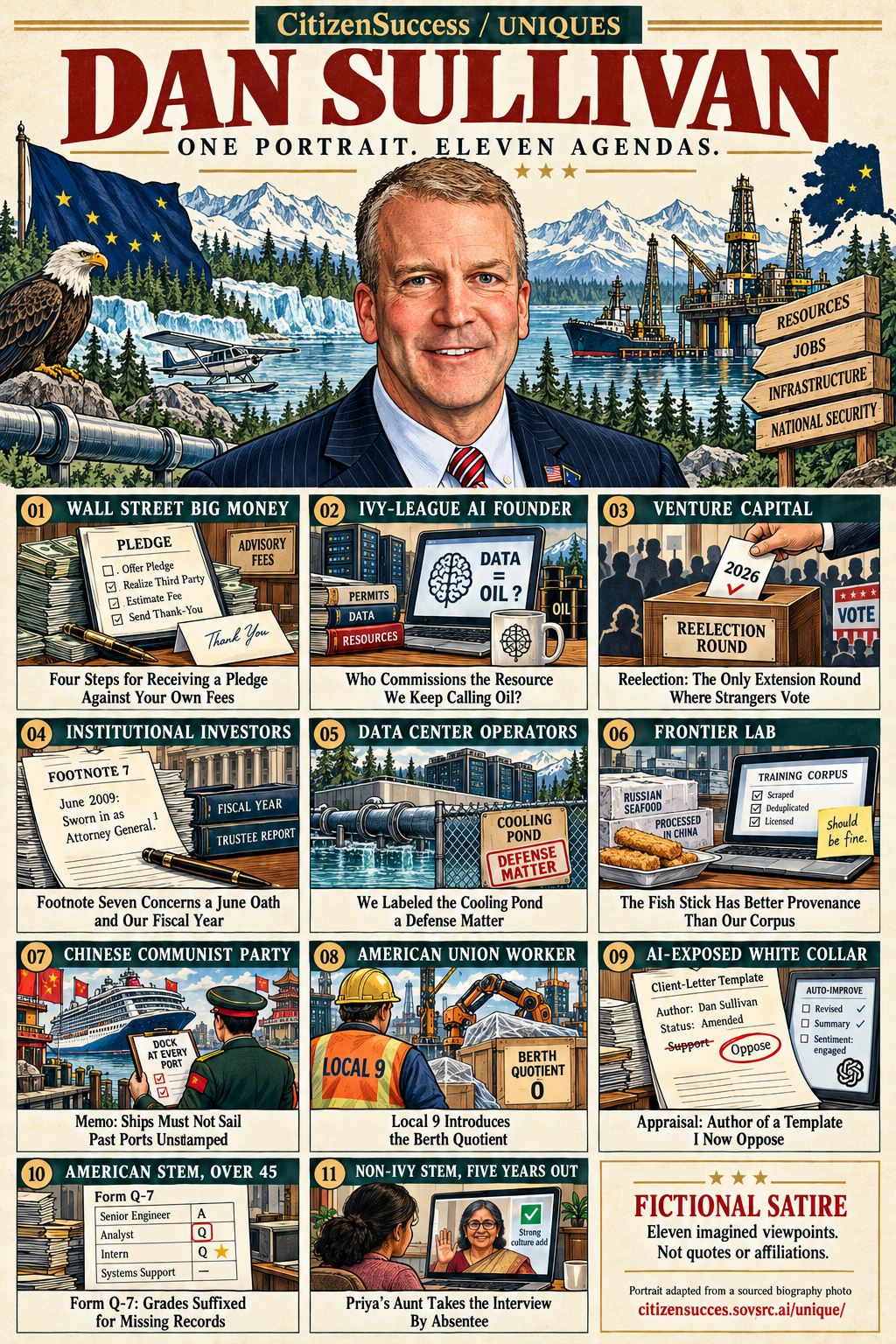 Satirical illustrated portrait of Dan Sullivan with eleven numbered institutional and worker perspectives. The complete perspectives are provided as text below.