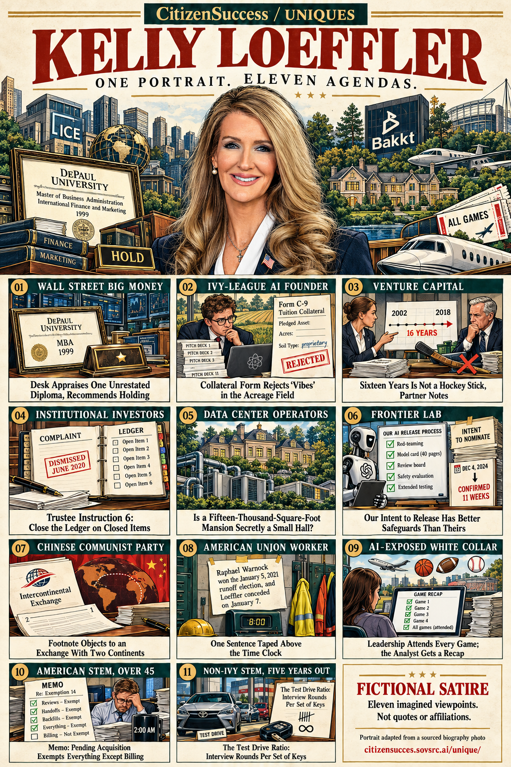Satirical illustrated portrait of Kelly Loeffler with eleven numbered institutional and worker perspectives. The complete perspectives are provided as text below.