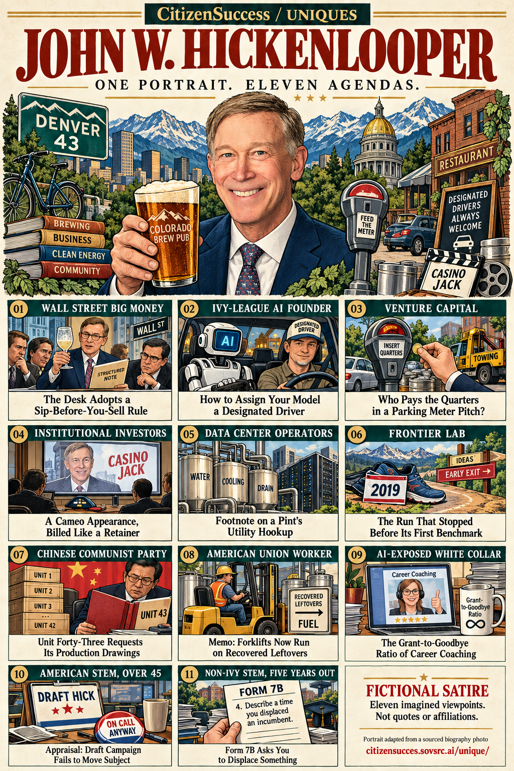 Satirical illustrated portrait of John W. Hickenlooper with eleven numbered institutional and worker perspectives. The complete perspectives are provided as text below.