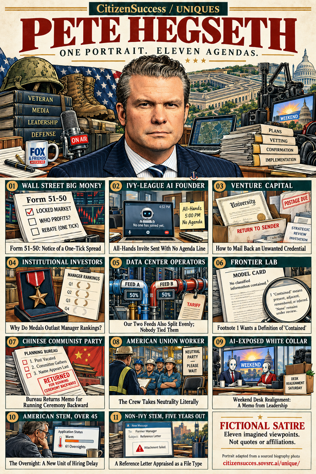 Satirical illustrated portrait of Pete Hegseth with eleven numbered institutional and worker perspectives. The complete perspectives are provided as text below.
