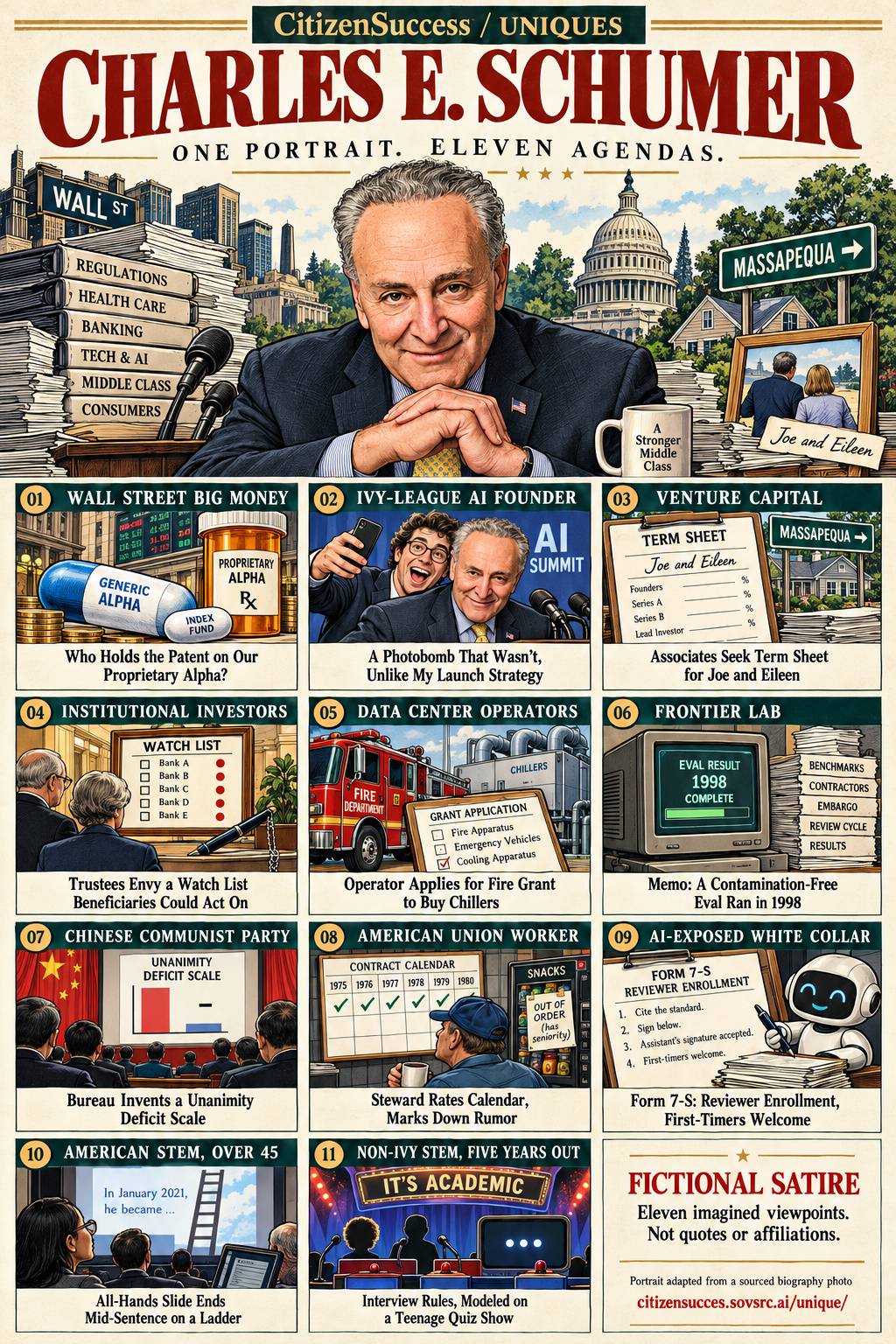 Satirical illustrated portrait of Charles E. Schumer with eleven numbered institutional and worker perspectives. The complete perspectives are provided as text below.
