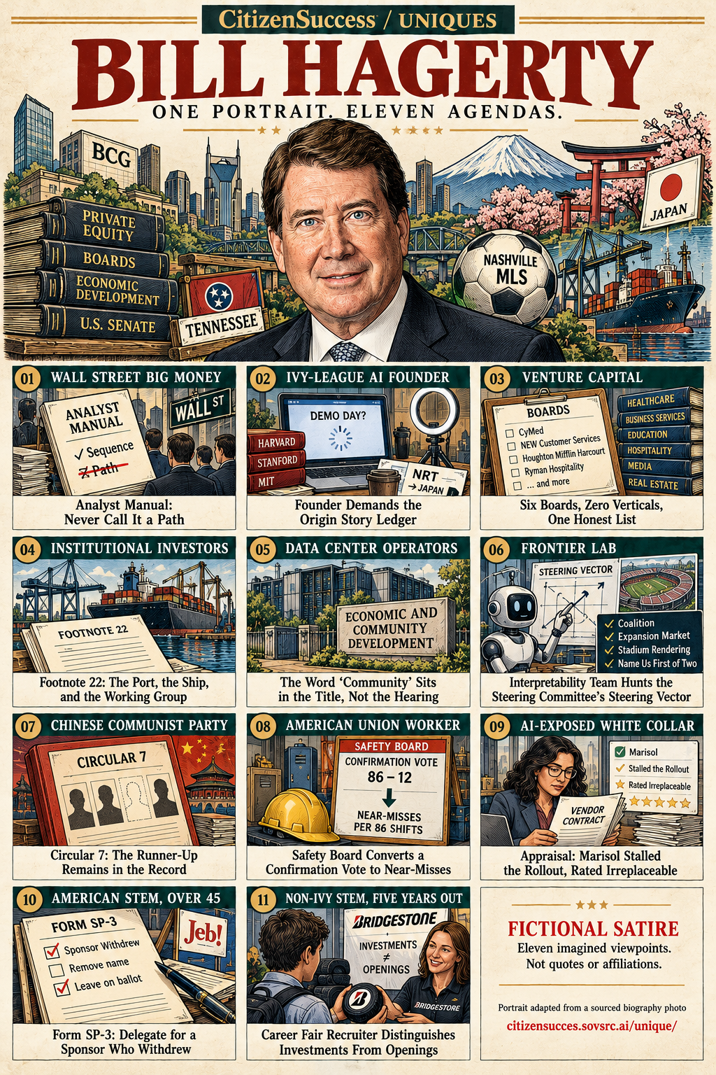 Satirical illustrated portrait of Bill Hagerty with eleven numbered institutional and worker perspectives. The complete perspectives are provided as text below.