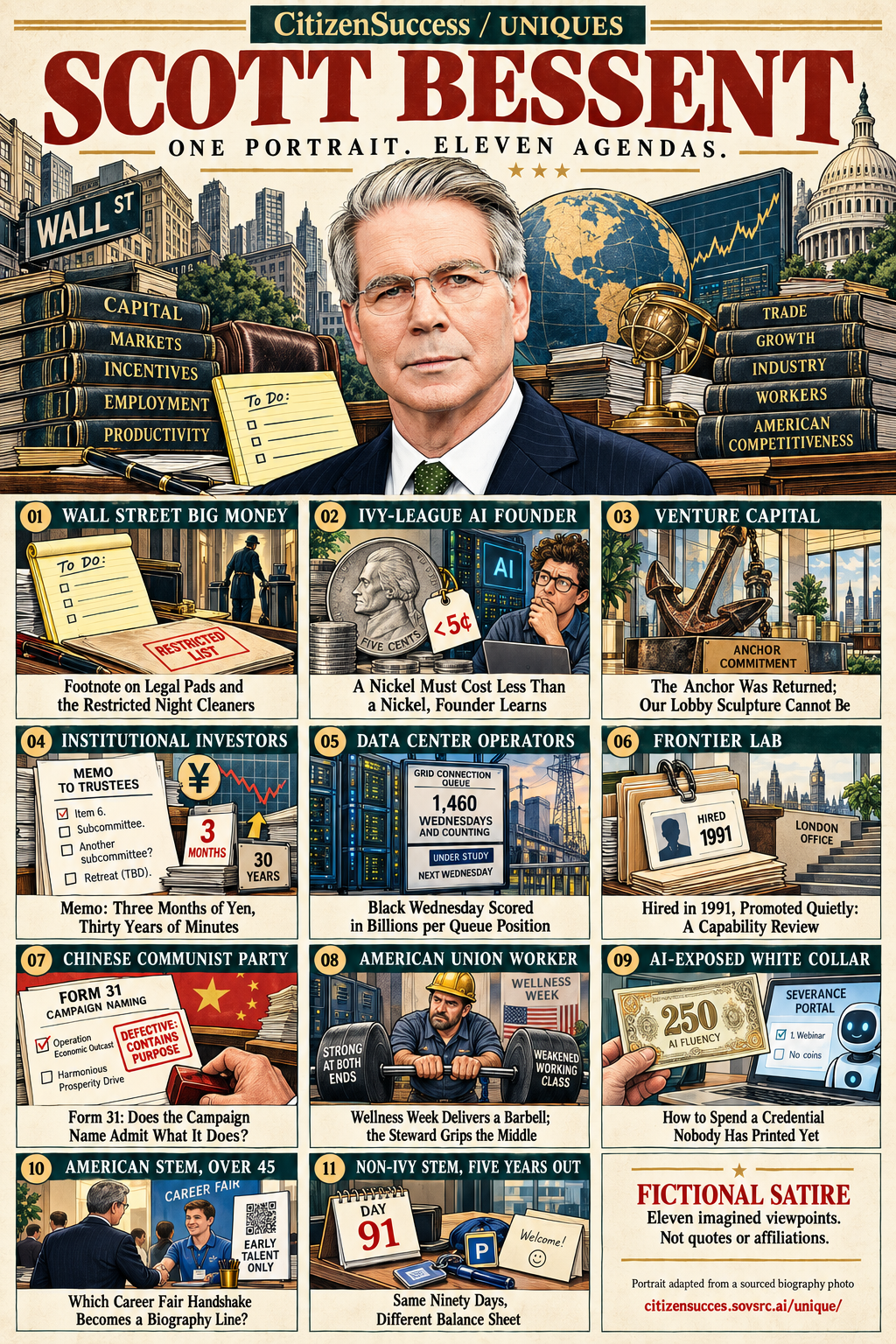 Satirical illustrated portrait of Scott Bessent with eleven numbered institutional and worker perspectives. The complete perspectives are provided as text below.