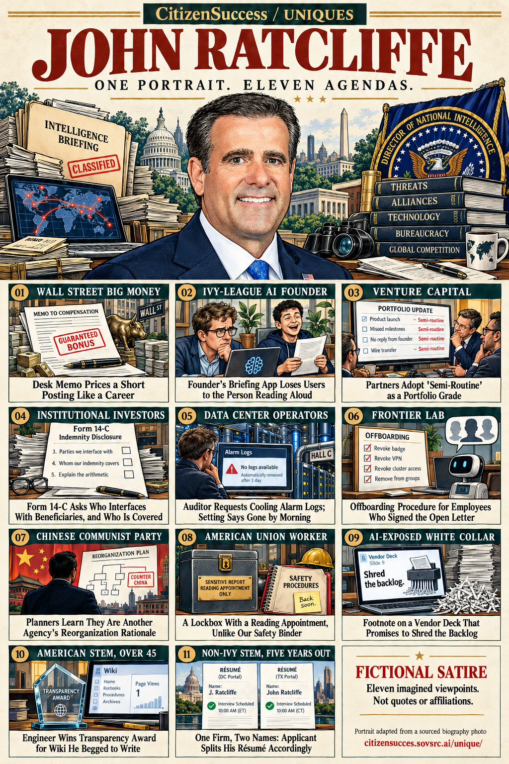 Satirical illustrated portrait of John Ratcliffe with eleven numbered institutional and worker perspectives. The complete perspectives are provided as text below.