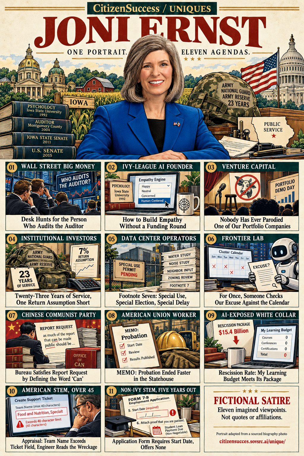 Satirical illustrated portrait of Joni Ernst with eleven numbered institutional and worker perspectives. The complete perspectives are provided as text below.