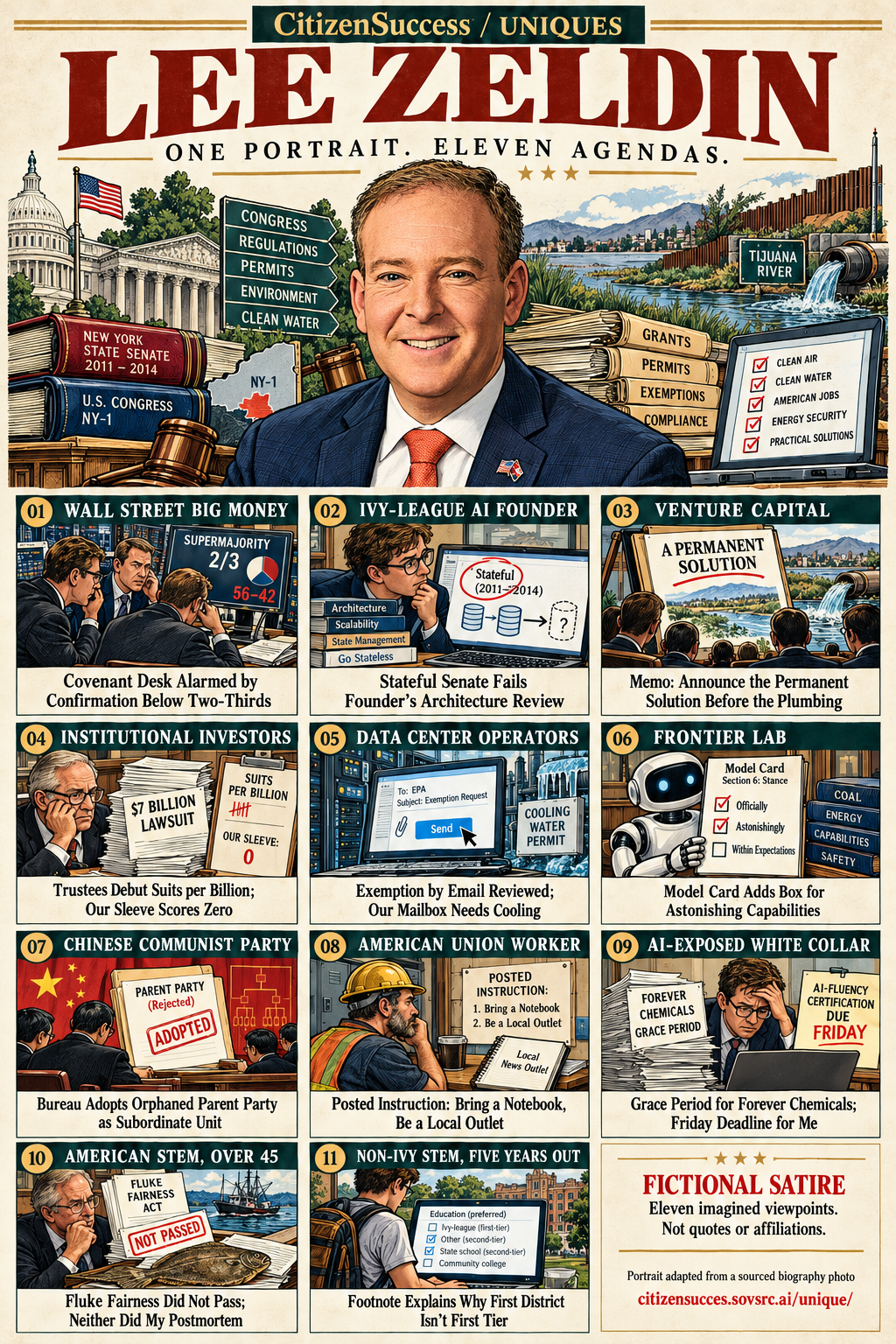 Satirical illustrated portrait of Lee Zeldin with eleven numbered institutional and worker perspectives. The complete perspectives are provided as text below.