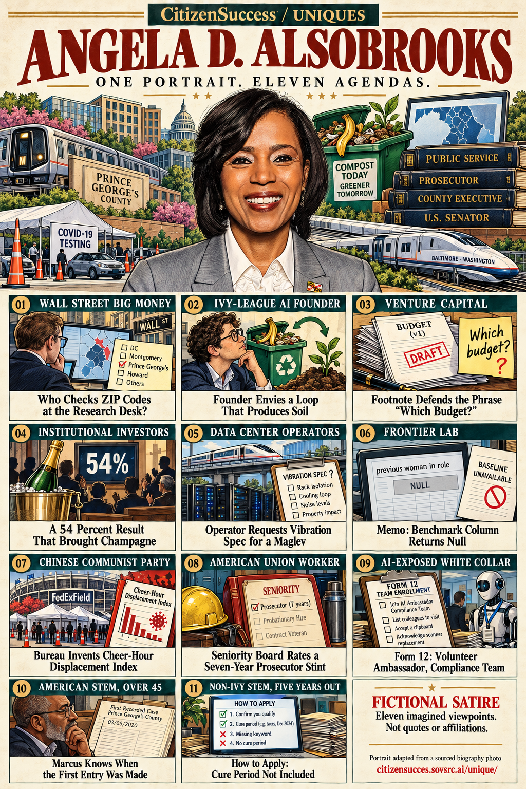 Satirical illustrated portrait of Angela D. Alsobrooks with eleven numbered institutional and worker perspectives. The complete perspectives are provided as text below.