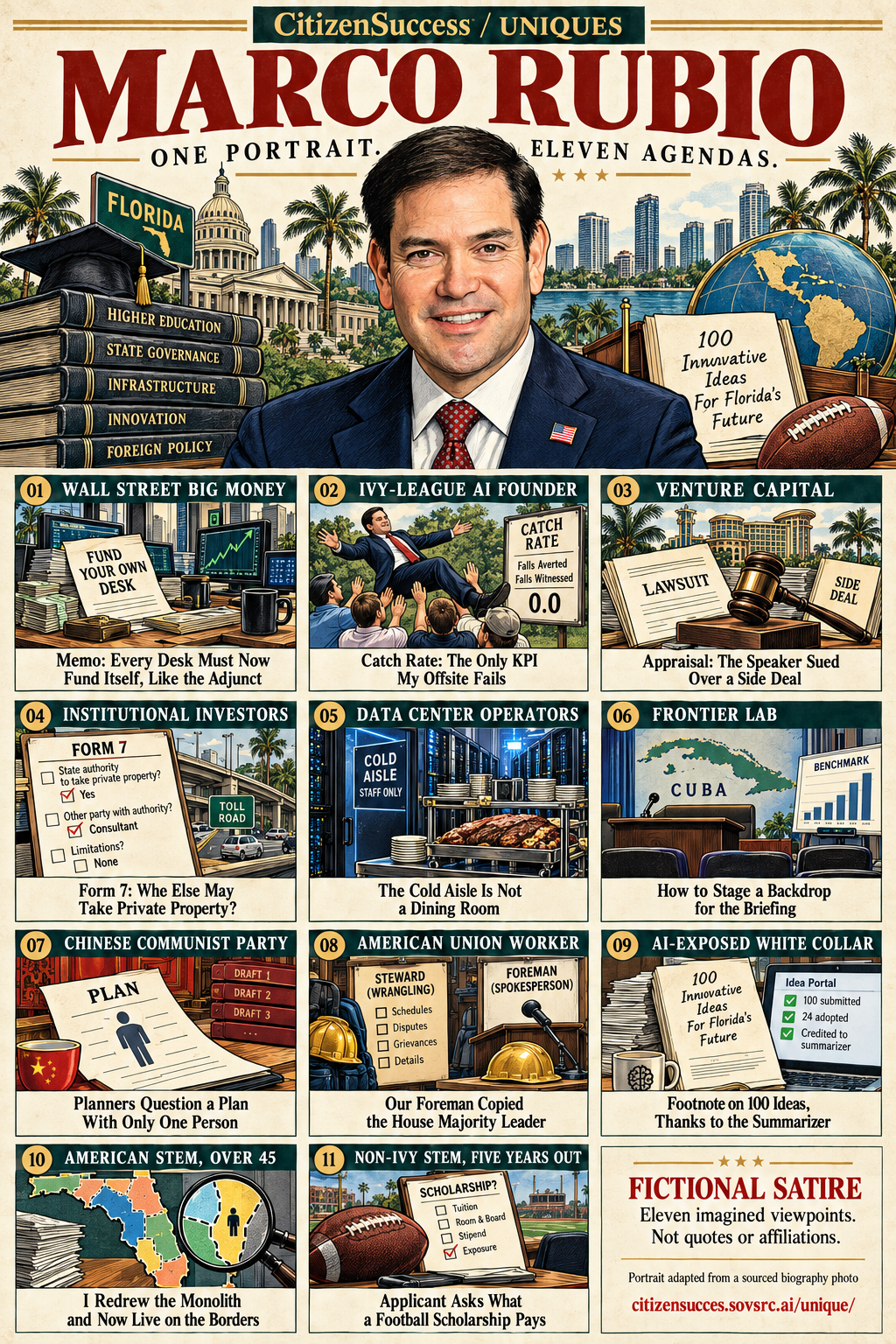 Satirical illustrated portrait of Marco Rubio with eleven numbered institutional and worker perspectives. The complete perspectives are provided as text below.