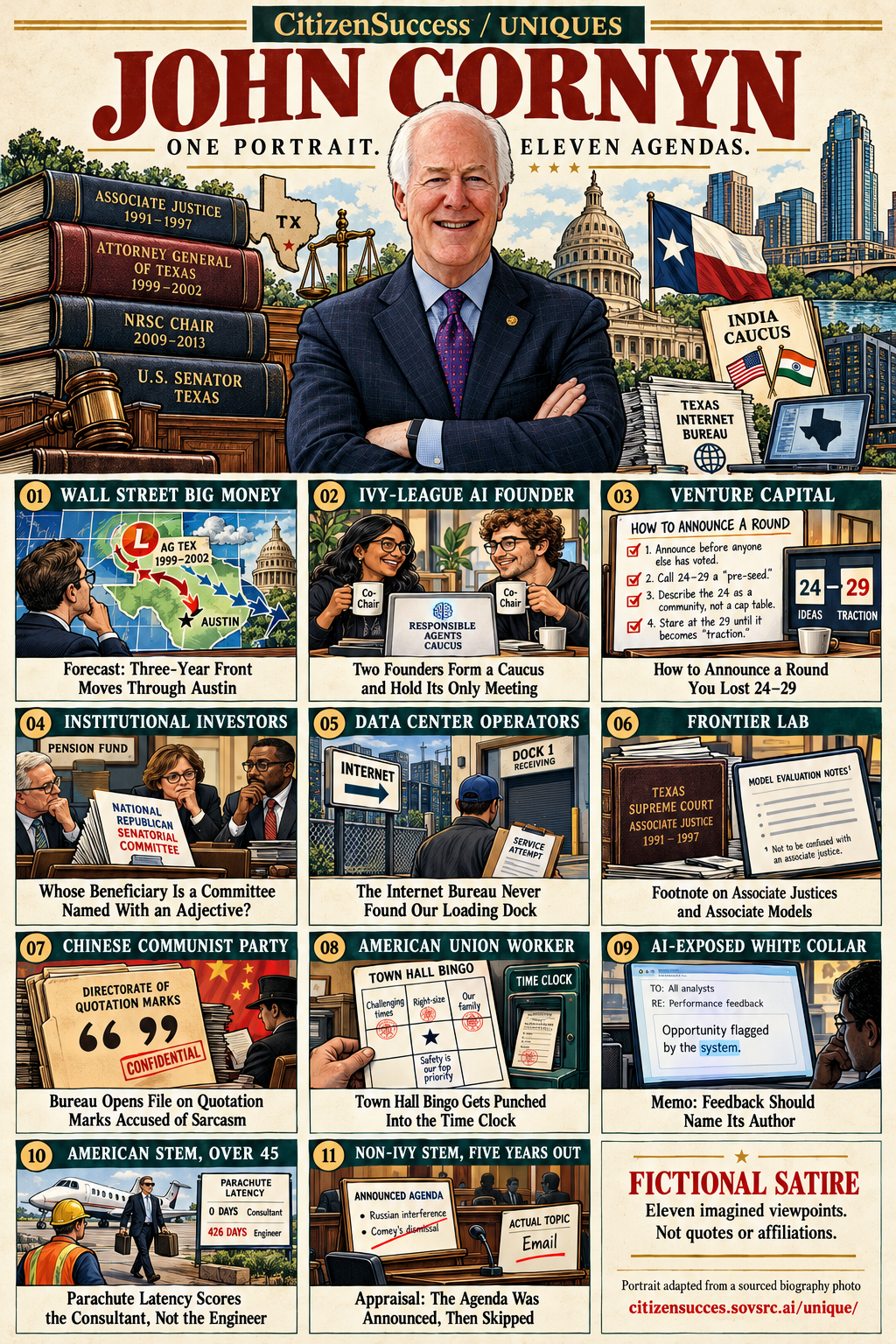 Satirical illustrated portrait of John Cornyn with eleven numbered institutional and worker perspectives. The complete perspectives are provided as text below.