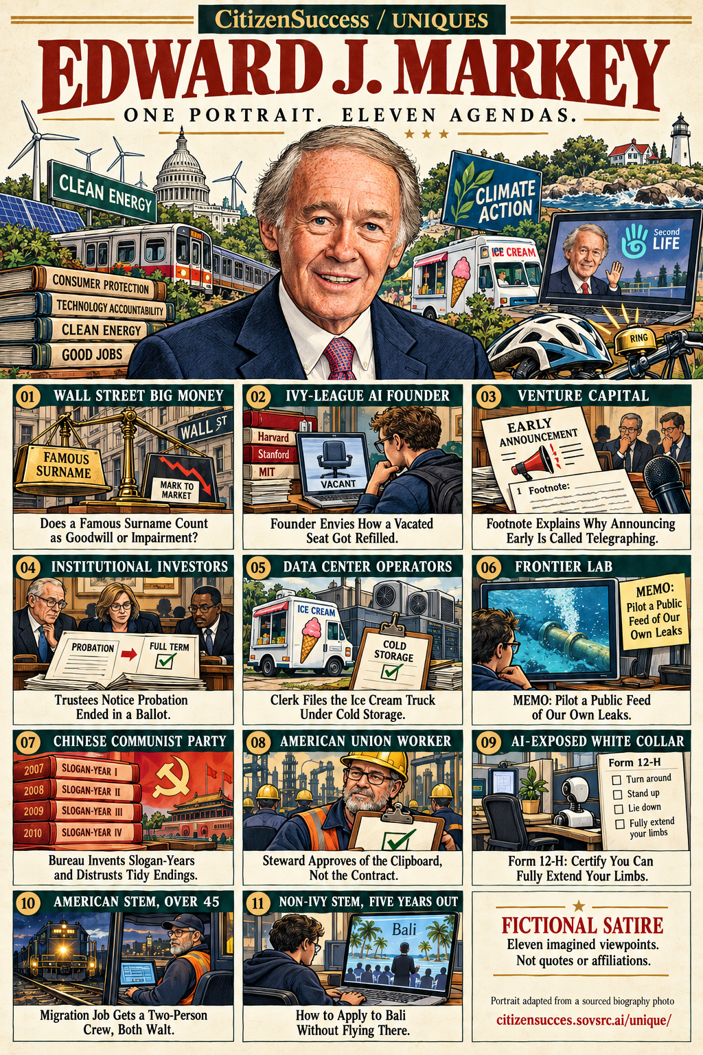 Satirical illustrated portrait of Edward J. Markey with eleven numbered institutional and worker perspectives. The complete perspectives are provided as text below.
