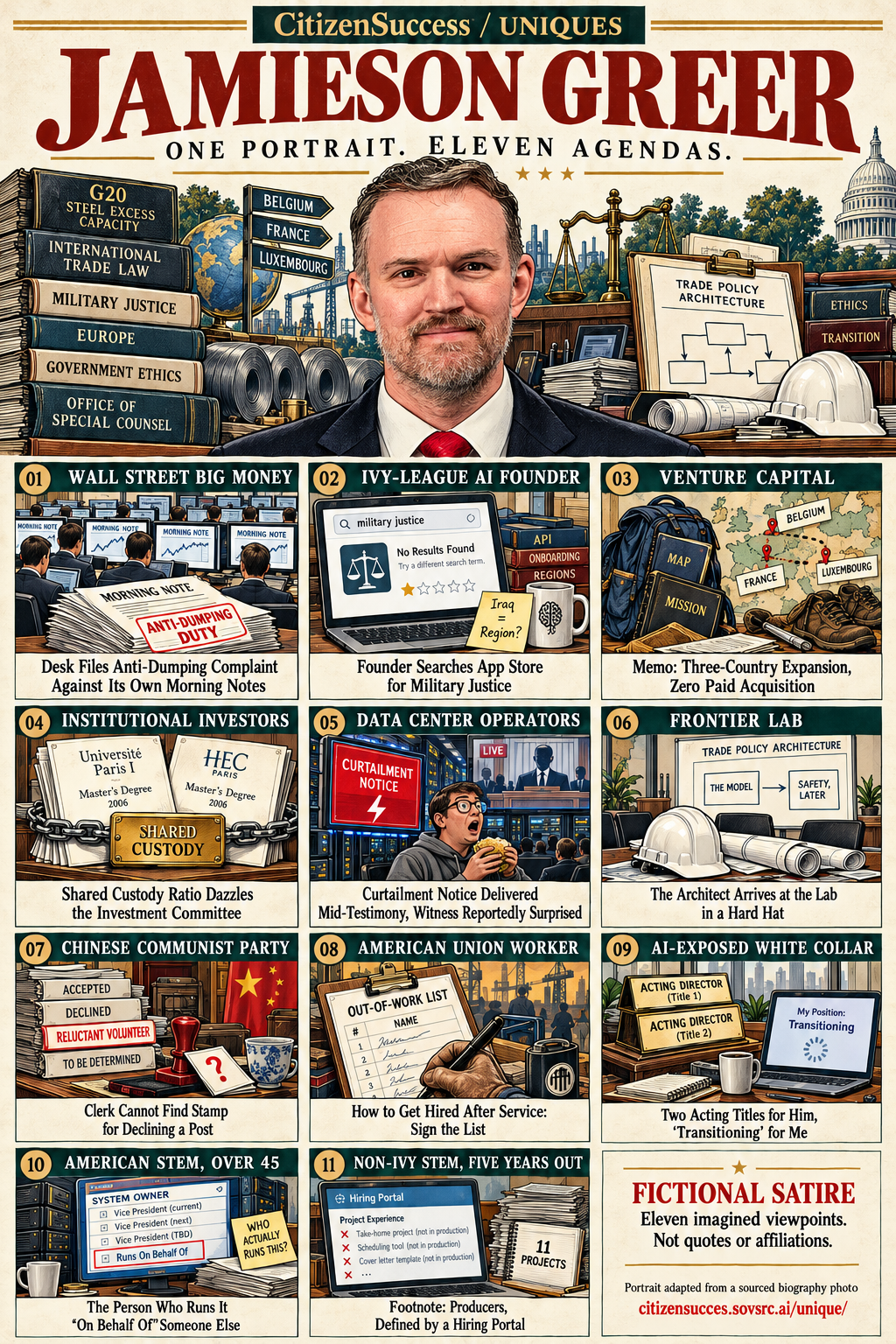 Satirical illustrated portrait of Jamieson Greer with eleven numbered institutional and worker perspectives. The complete perspectives are provided as text below.