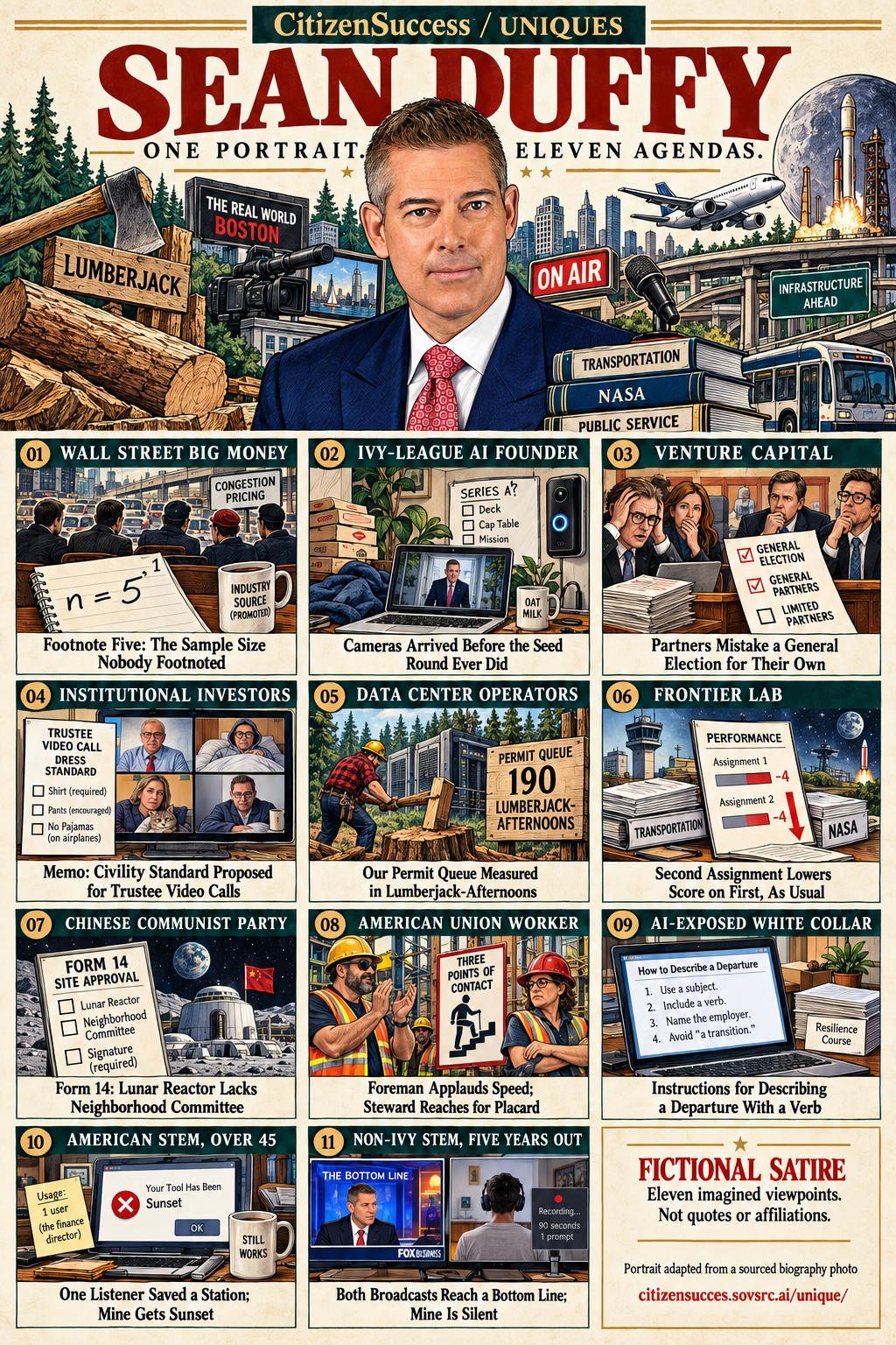 Satirical illustrated portrait of Sean Duffy with eleven numbered institutional and worker perspectives. The complete perspectives are provided as text below.
