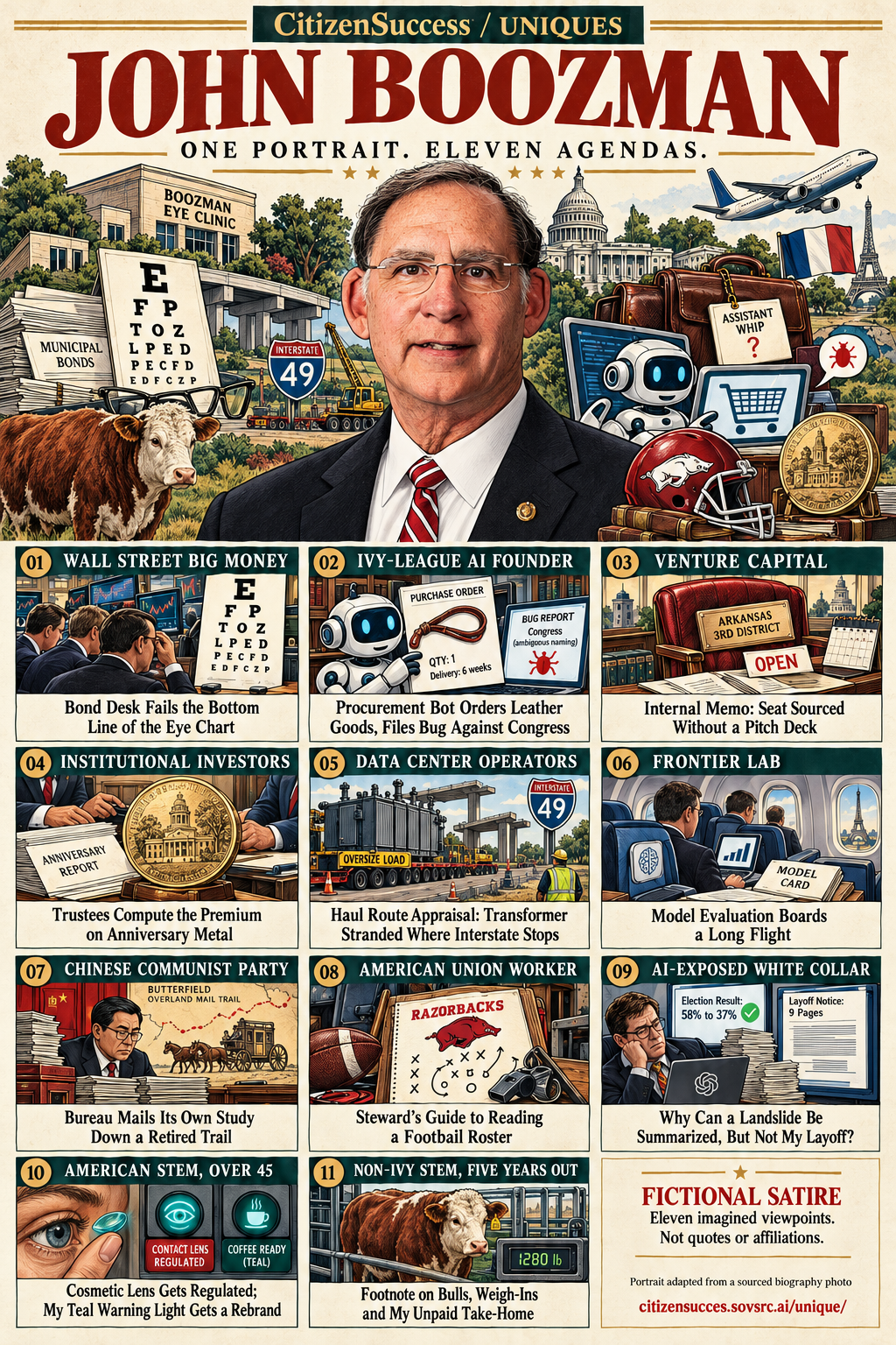 Satirical illustrated portrait of John Boozman with eleven numbered institutional and worker perspectives. The complete perspectives are provided as text below.
