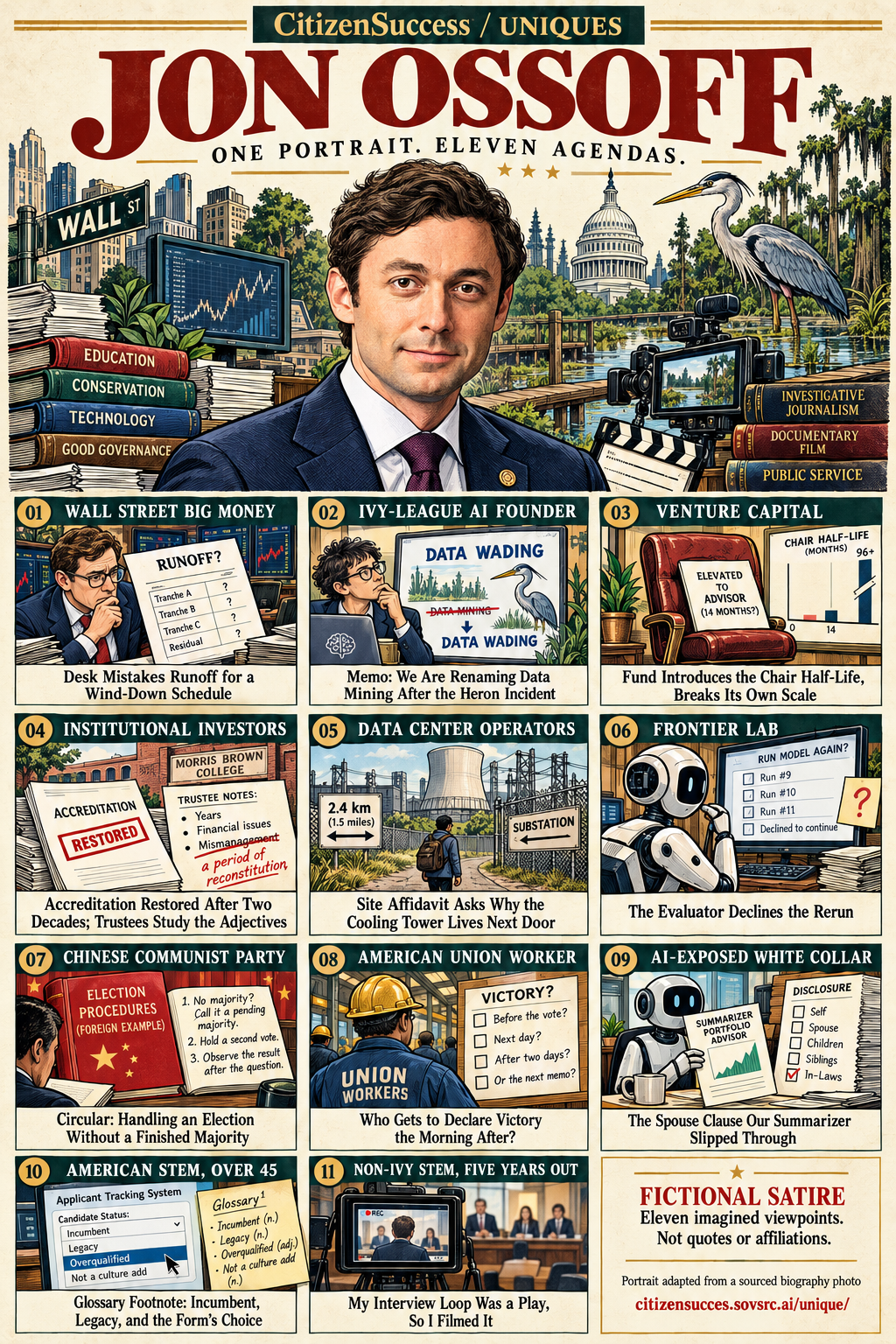 Satirical illustrated portrait of Jon Ossoff with eleven numbered institutional and worker perspectives. The complete perspectives are provided as text below.