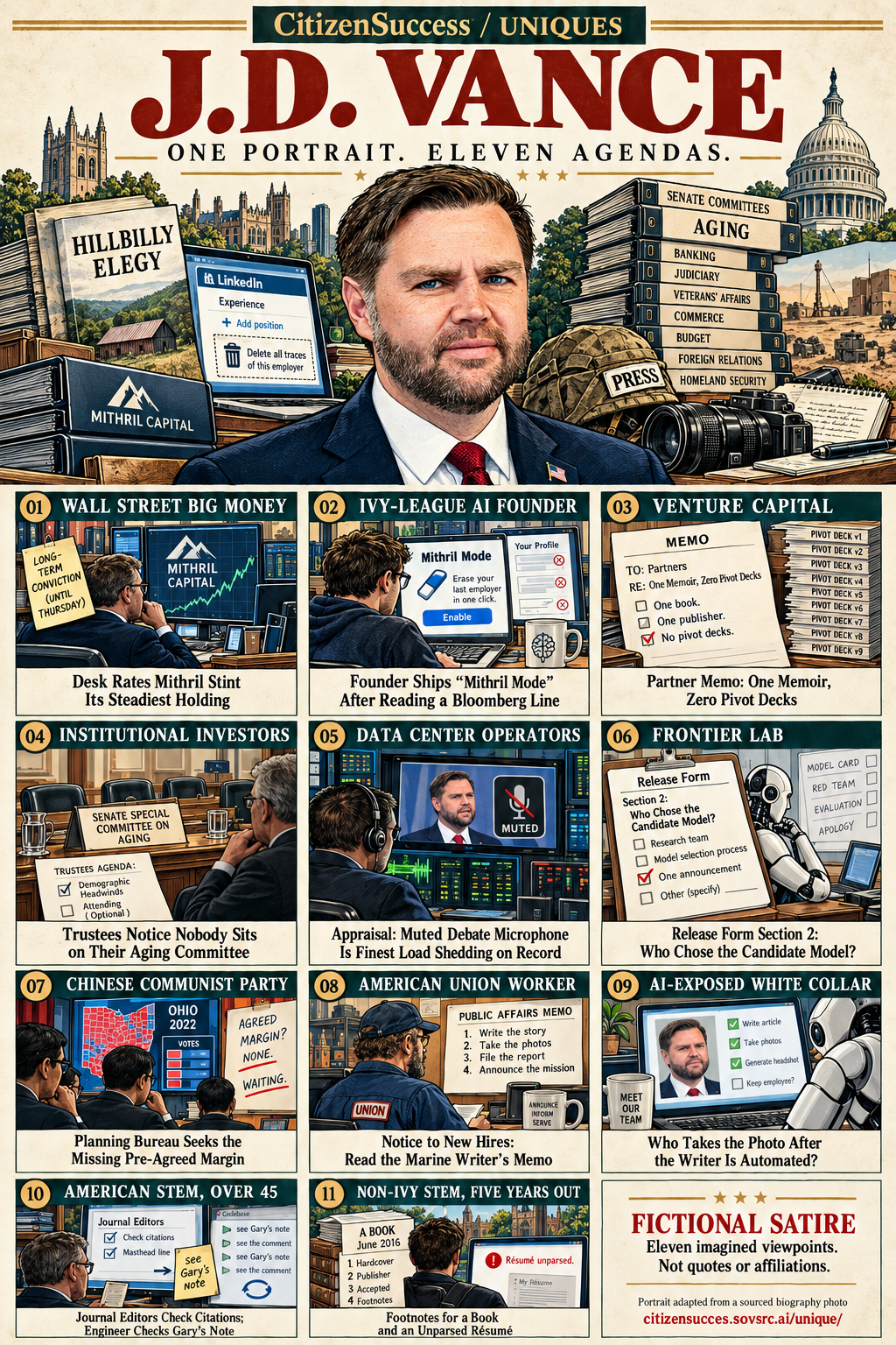 Satirical illustrated portrait of J.D. Vance with eleven numbered institutional and worker perspectives. The complete perspectives are provided as text below.