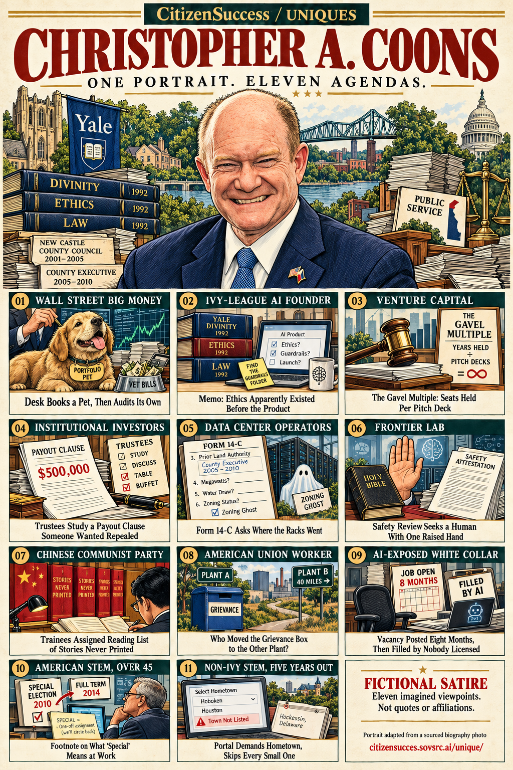 Satirical illustrated portrait of Christopher A. Coons with eleven numbered institutional and worker perspectives. The complete perspectives are provided as text below.