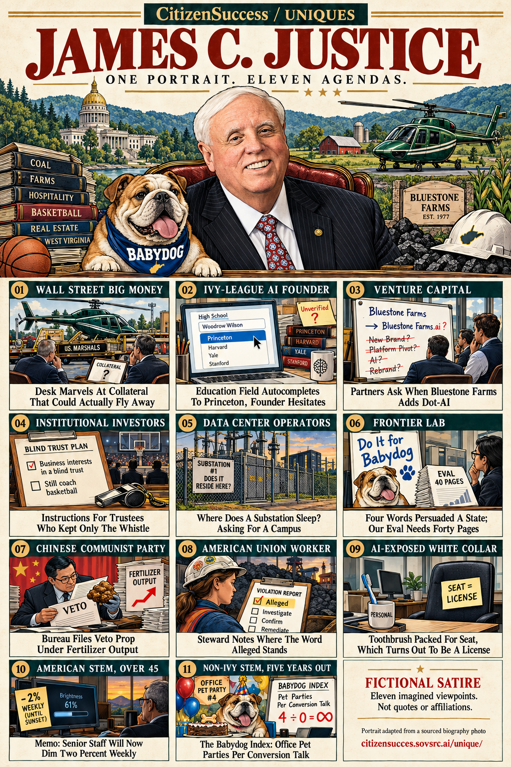 Satirical illustrated portrait of James C. Justice with eleven numbered institutional and worker perspectives. The complete perspectives are provided as text below.
