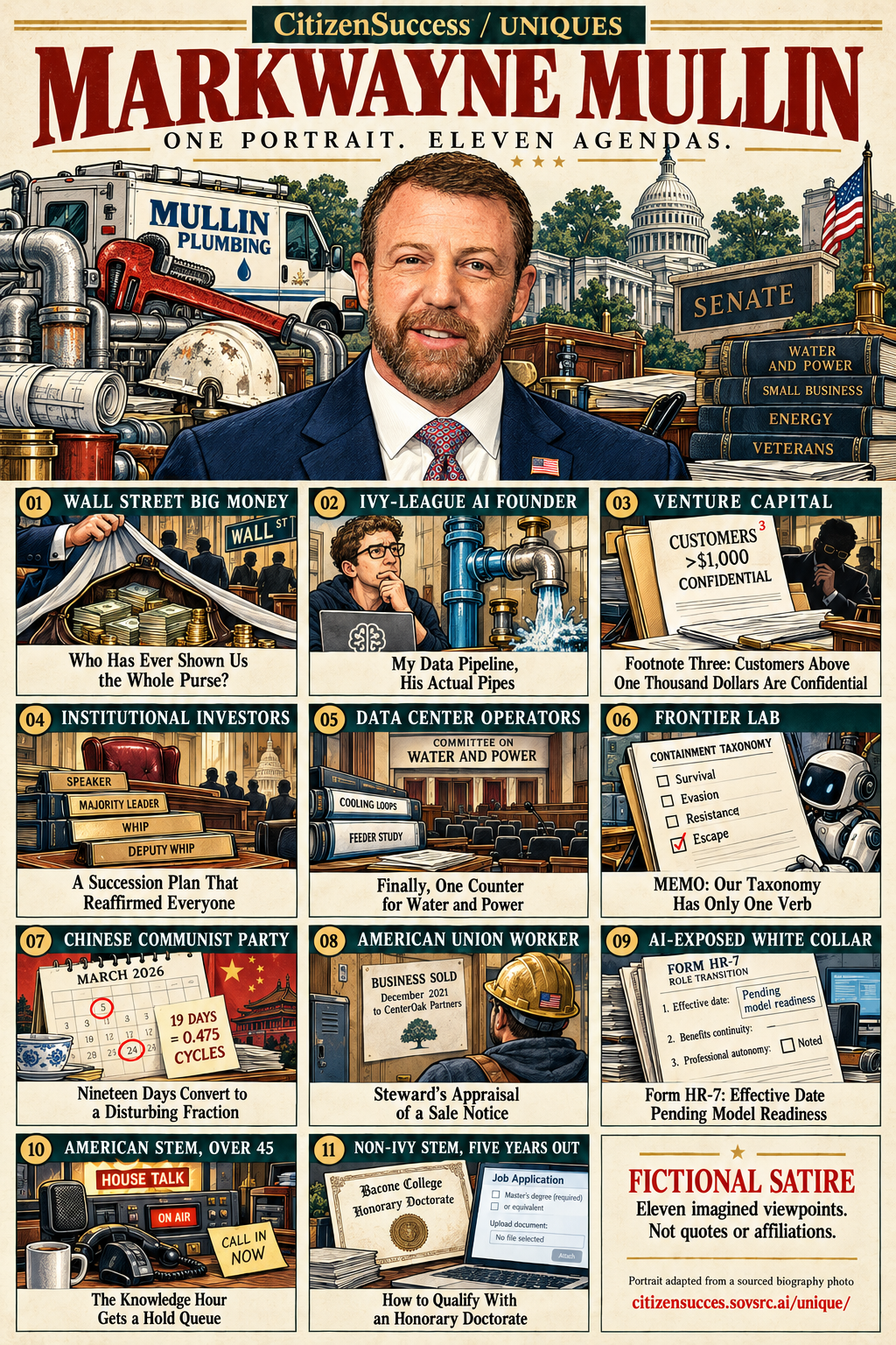 Satirical illustrated portrait of Markwayne Mullin with eleven numbered institutional and worker perspectives. The complete perspectives are provided as text below.