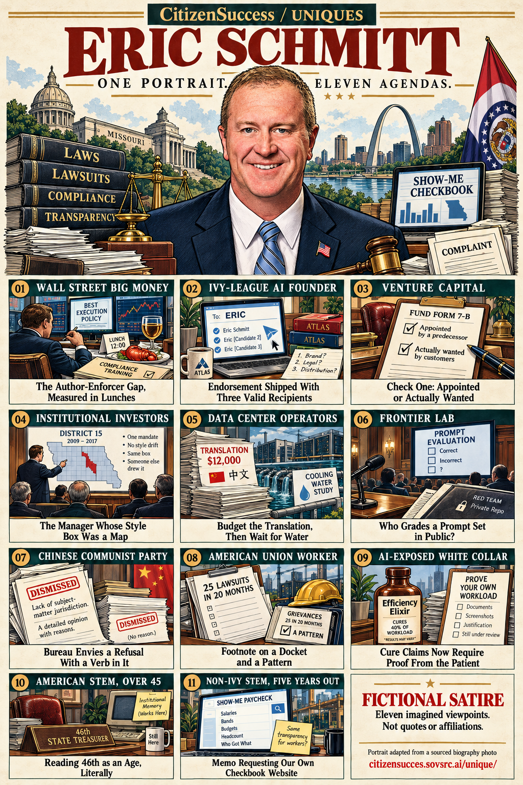 Satirical illustrated portrait of Eric Schmitt with eleven numbered institutional and worker perspectives. The complete perspectives are provided as text below.